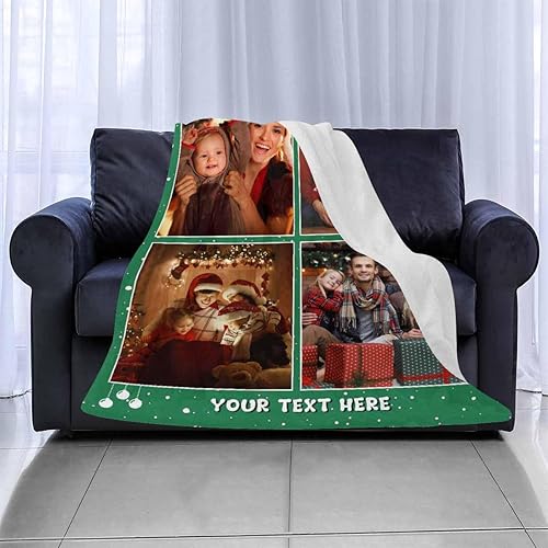 Miniatura 2 de Manta de Navidad personalizada con foto, manta personalizada con nombre para mujeres, ella y él, manta para collage familiar, color verde, 4 fotos