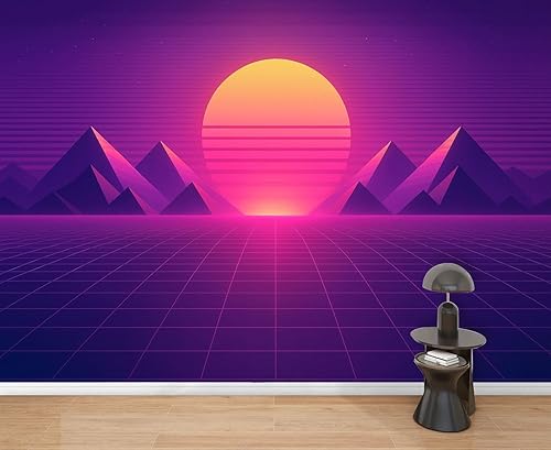 Wall Mural Peel & Stick Vaporwave retrowave synthwave Retro sci fi 1980s Landscape Cyber Self-Adhesive Wallpaper Removable Wall Decal Wall Sticker