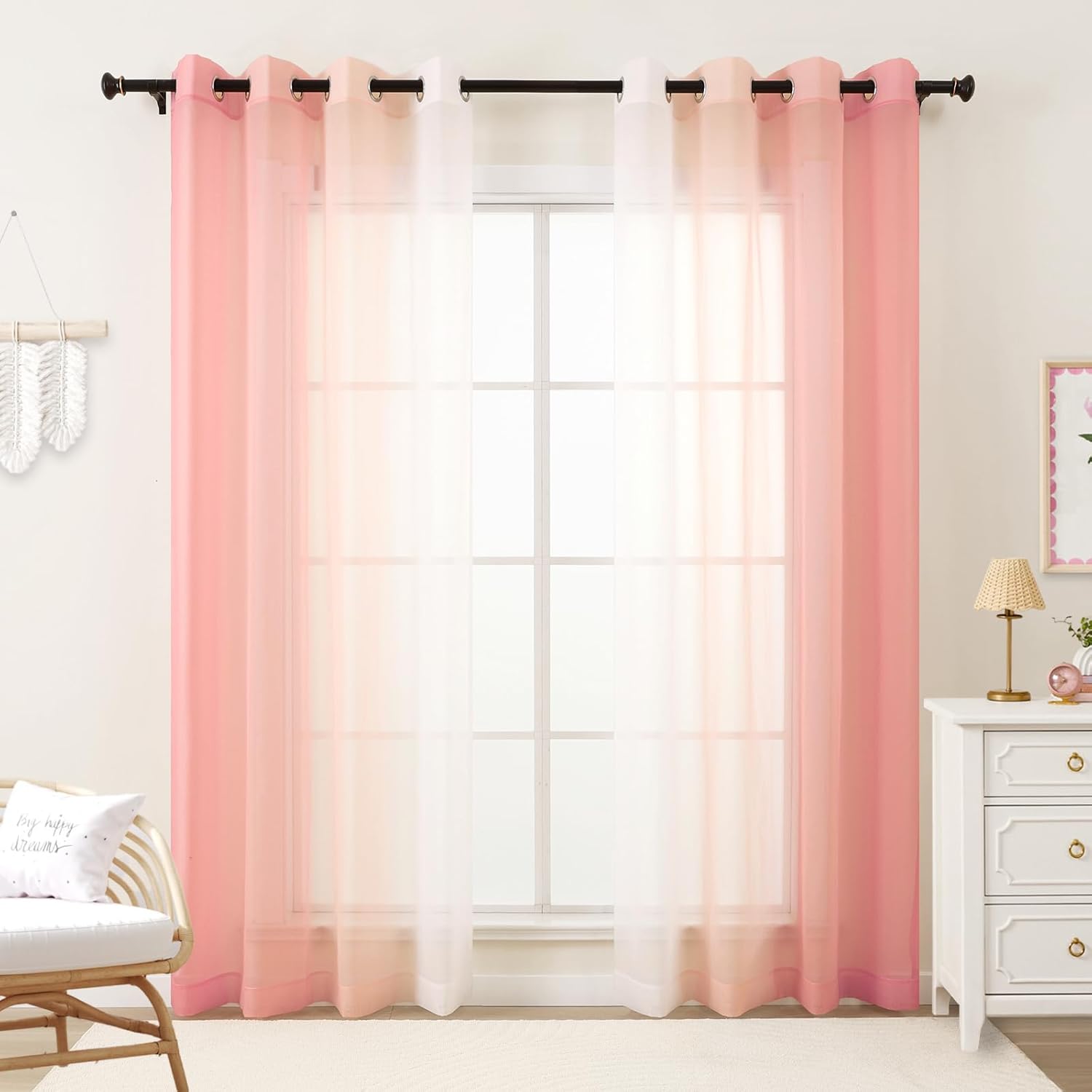L.Z.E Pink Ombre Sheer Curtains 84 Inches Long for Living Room, Transparent Blush Pink Curtains for Kids Bedroom Boys Girls Room, Lightweight Gradient Voile Window Drapes Grommet Top 2 Panels Set