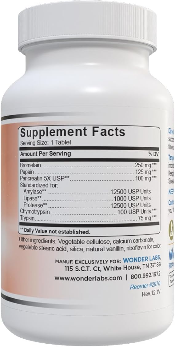 Wonder Laboratories Proteolytic Enzymes | Bromelain Papain Pancreatin Trypsin 550 mg Total with Standardized Amylase, Lipase, and Protease, 100 Tablets