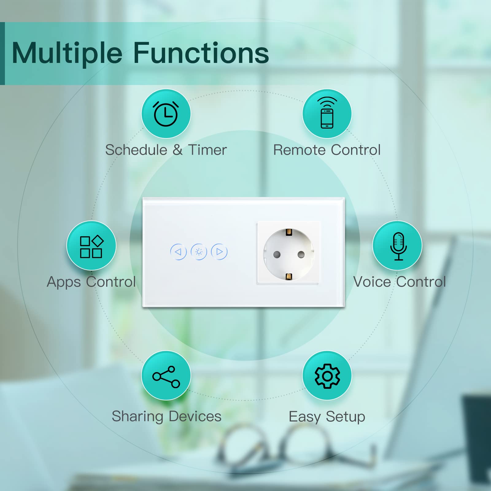 BSEED Slimme 1-weg touch-schakelaar met 2 knoppen en wifi, standaard geaard stopcontact, compatibel met Alexa, Tuya, Smart Life, nulleider vereist, goudkleurig