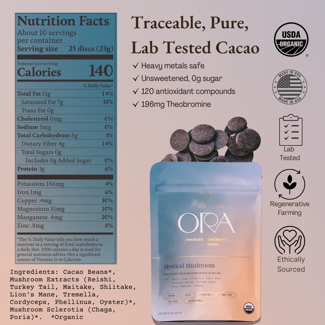 ORA Ceremonial Cacao - Mystical Mushroom - Organic 100% Cacao with Lion's Mane, Reishi, Chaga - Adaptogenic - Ethical - High Flavanol - Unsweetened - Heavy Metals Tested - 8oz