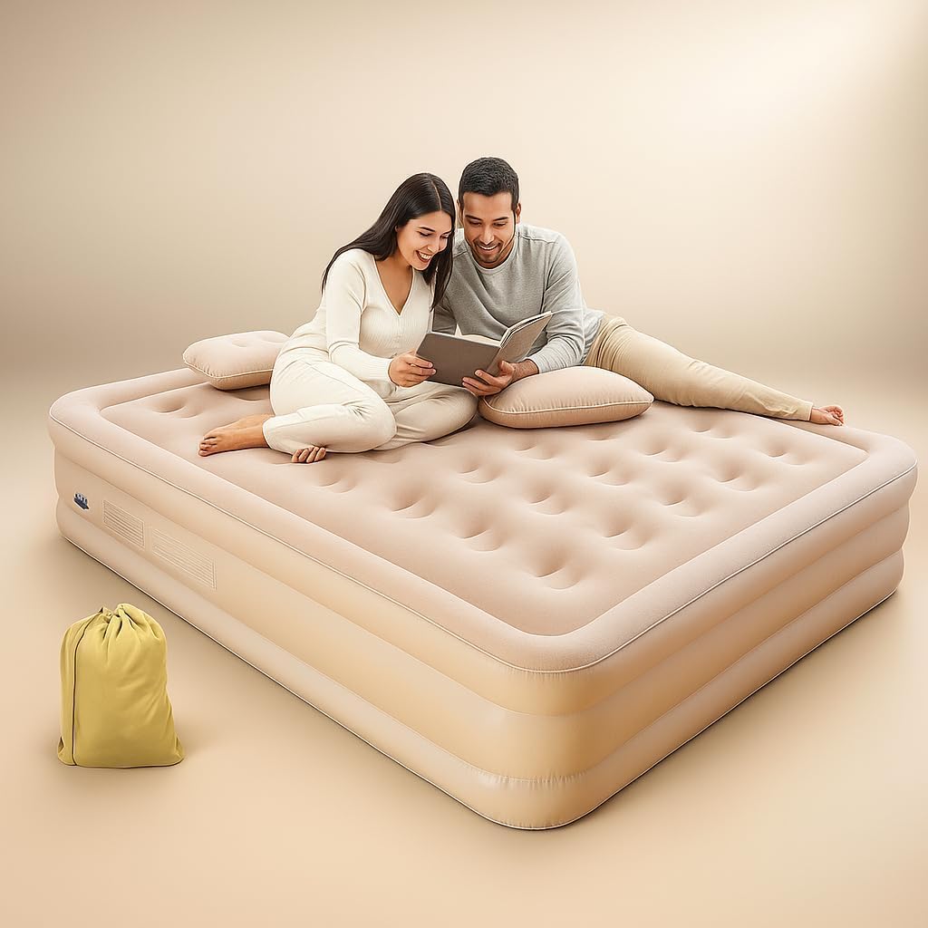 Inflatable Air Mattress Double Bed with Built-in Electric Pump, Elevated Air Bed with Soft Flocked Top, Portable Foldable Sleeping Mattress for Home, Guests, Travel & Camping, 200 x 150 x 40 cm-image-9
