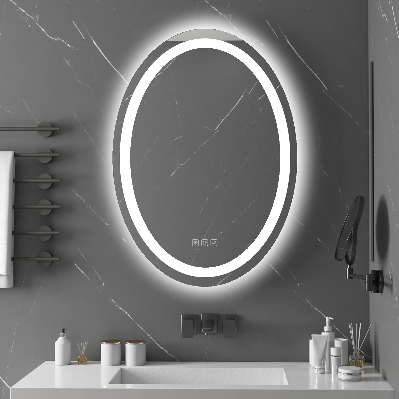 furduzz Espejo de baño retroiluminado LED Oval de 500x700 mm, con luz de 3 Tonos, montado en la Pared Vertical, Espejo de tocador led con función antiniebla, Interruptor táctil