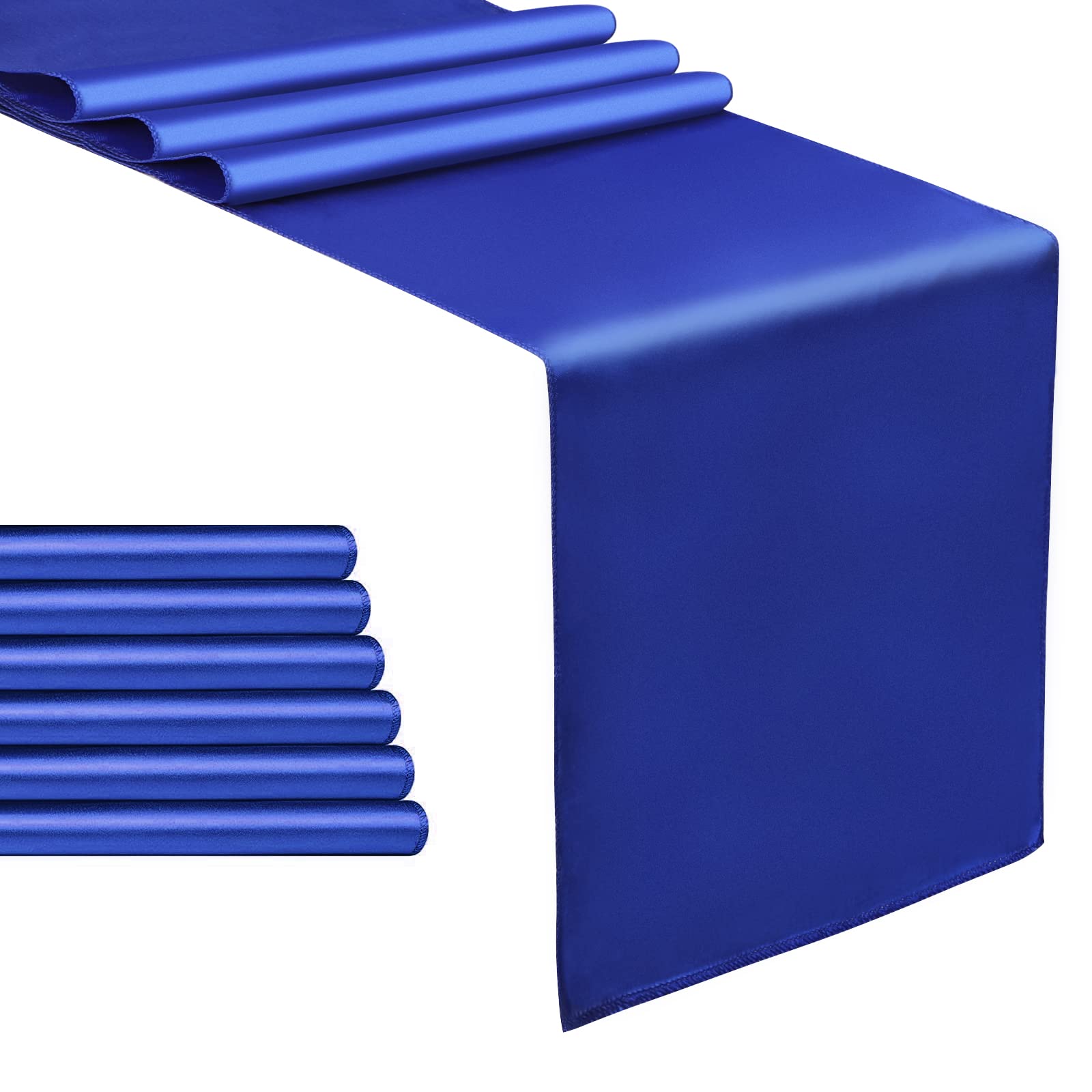 WELTRXE 6 Pack Blue Satin Table Runner 12 x 108 Inch Long Wedding Satin Silk Table Runner for Wedding Reception, Baby/Bridal Shower, Banquet, Graduations, Birthday Party Decorations Satin Chair Sashes