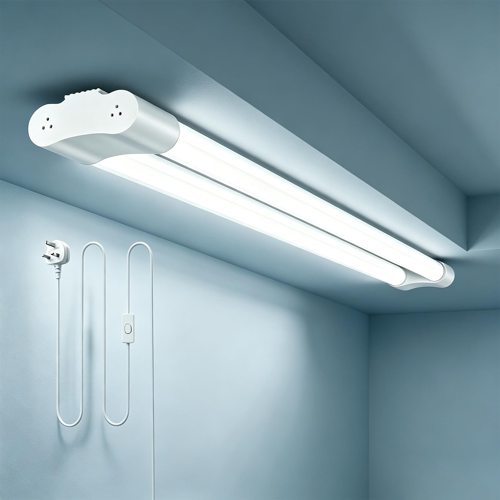 Viugreum 4FT LED Batten Light with Chain, Waterproof Plug in Ceiling Lights, 5000K T8 Strip Light 42W 5000 Lumen Shed Lights, 1.5M Cable with Switch for Garage Loft Workshop Office Warehouse(White)