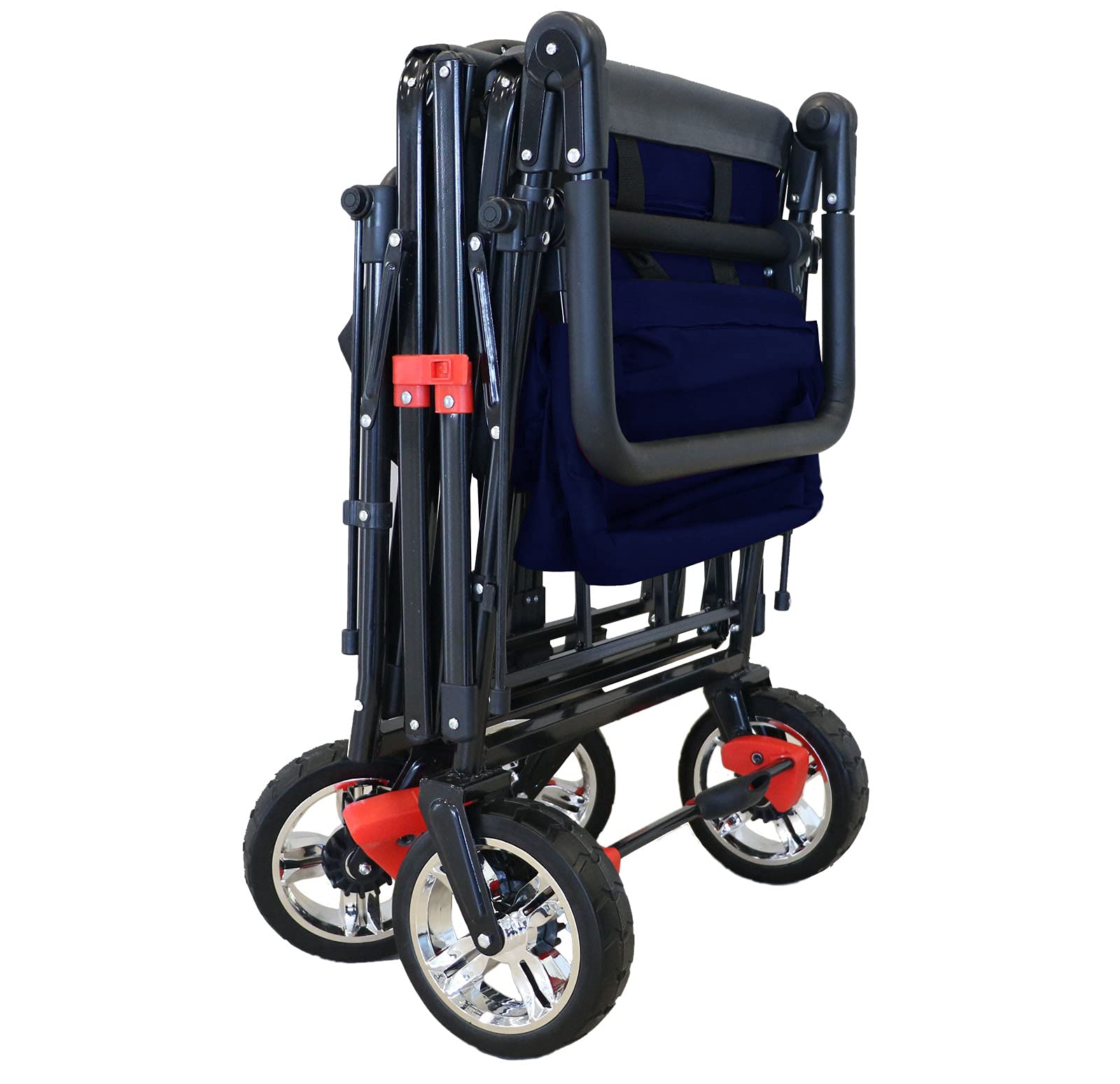 DMS BW-03B Chariot de transport pliable avec toit - Pneus en caoutchouc plein - Avec système de sonnerie pour enfants - Avec sac de transport et systèmes de freinage - Bleu
