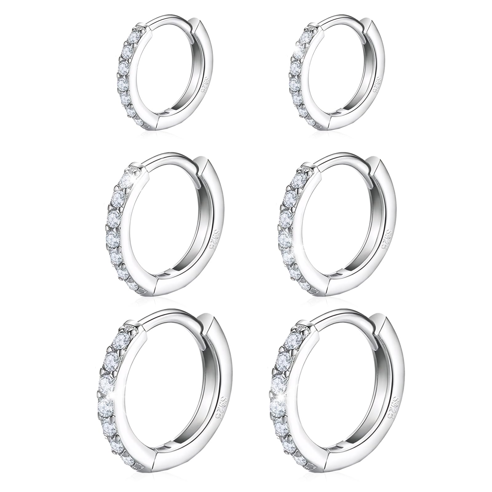 PT Haahoos 3 Pair Sterling Silver Hoop Earrings, Silver Hoops Earrings for Women S925 Huggie Hoop Earrings with Cubic Zirconia, Round Rhinestone Copper Earrings for Women Girls Bridal(12mm 10mm 8mm)