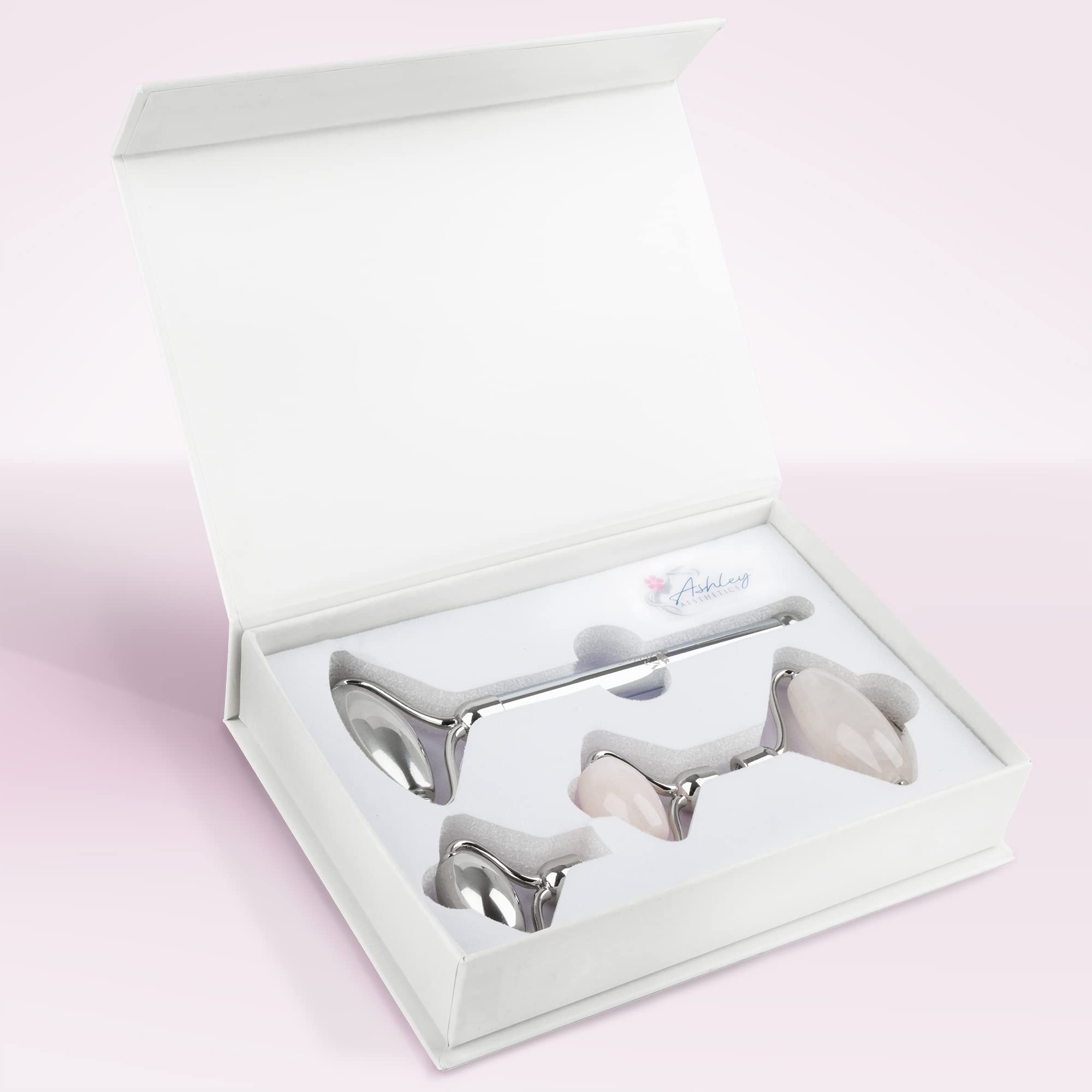 Stainless Steel Ice Roller & Rose Quartz Facial Set | Luxury Skin Care Tools for Lymphatic Drainage, Product Absorption, Skin Tightening, & Relaxation