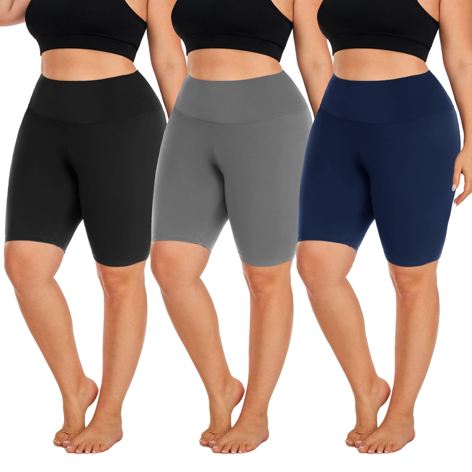 Hi Clasmix3 Pack Plus Size Biker Shorts for Women(1X-4X)-High Waisted Non-See Through Workout Super Soft Black Yoga Shorts