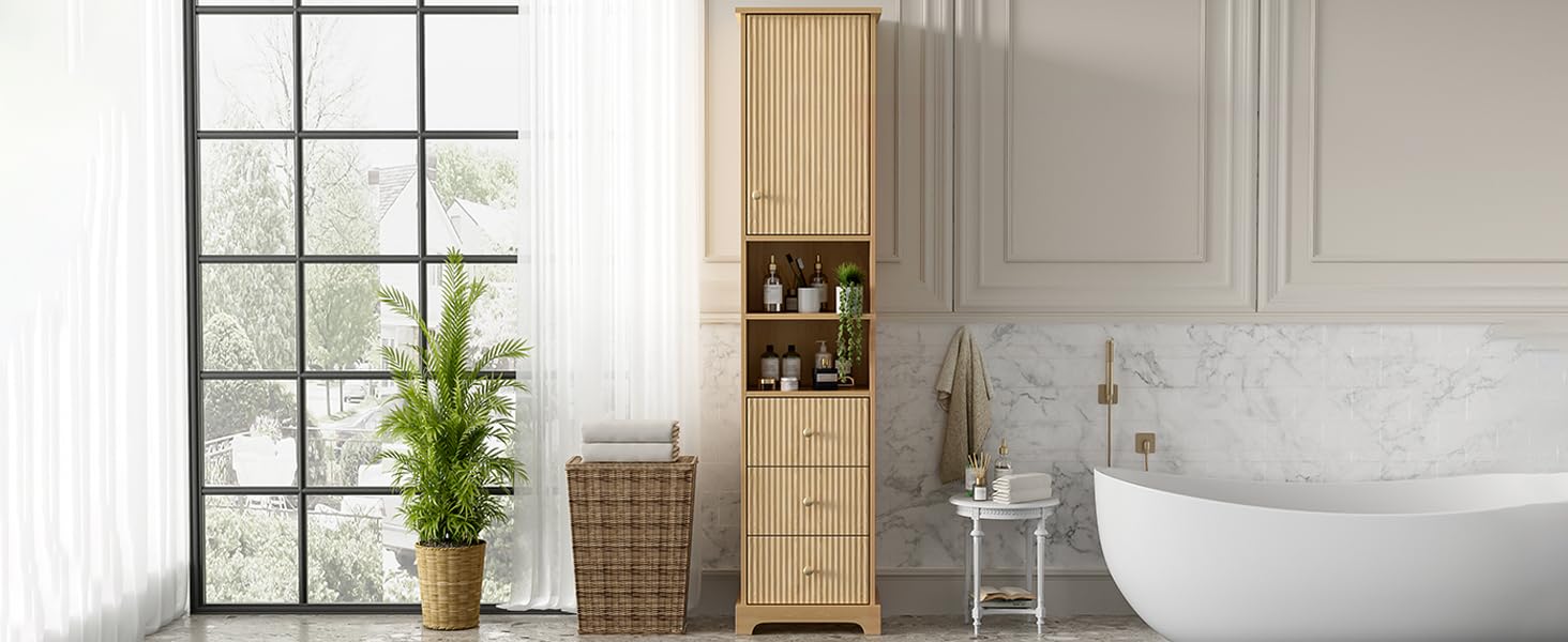 Tidyard Badezimmerschrank, 40x30x172 cm, PVC-Thermoform, vertikale Streifen, 3 Schubladen, Naturholzfarbe, für Bad, Gäste-WC, Sauna, Wellnessbereich
