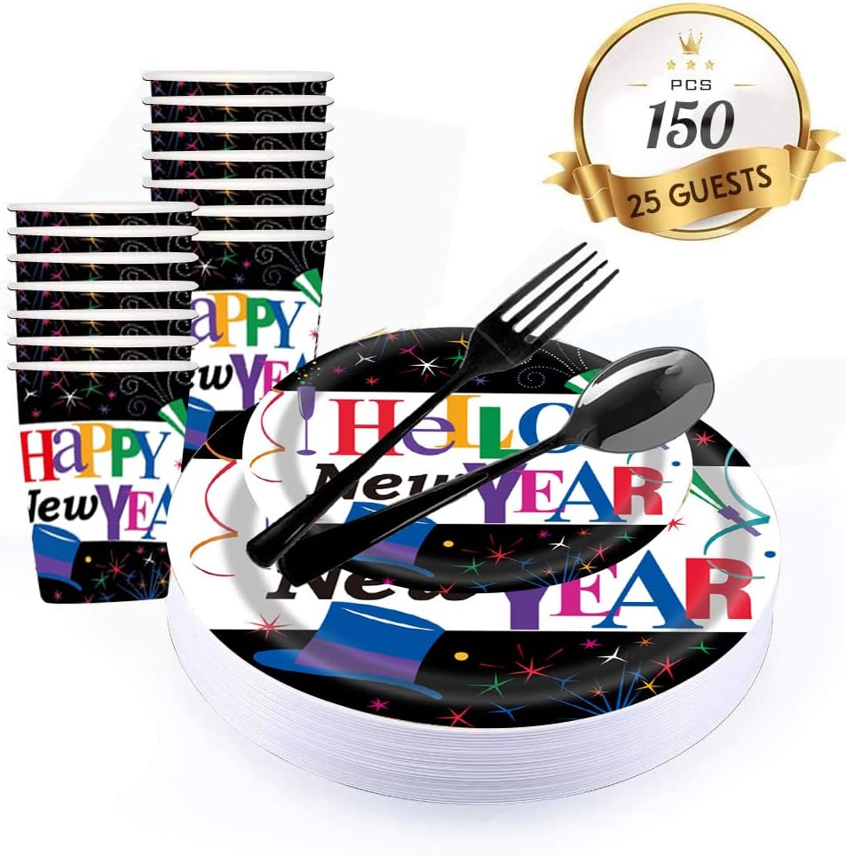 Miniatura 3 de Black Happy New Year Party Supplies - Juego de vajilla para fiesta de Año Nuevo 2024 y plato redondo para fiesta de postre para 25 invitados