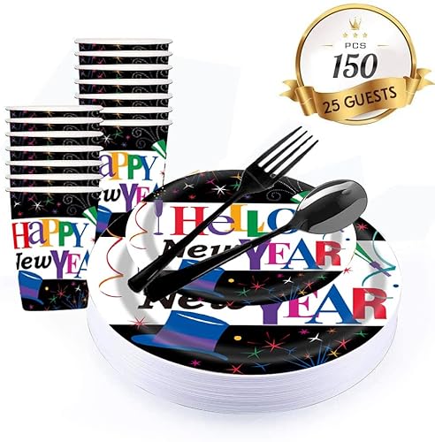 Pammyan 2023 Happy New Year Party Supplies Tableware Set - 150 Pcs Disposable Dinnerware Set - Black Paper Plates Napkins Cups, Black Plastic Forks Knives Spoons For New Years Eve Party #TOP2