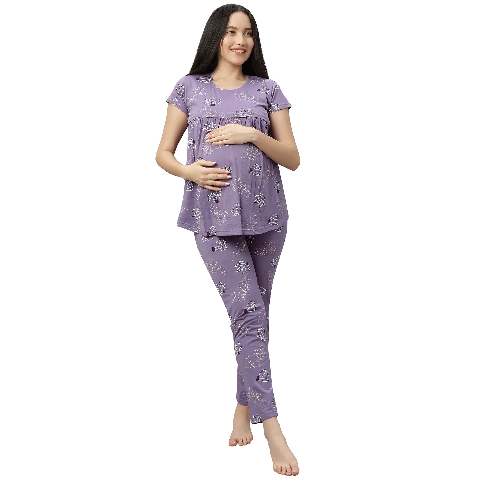 dzzo Women's Cotton Printed Maternity Night Suit | Comfortable Feeding Night Dress | Soft & Breathable Nursing Pajama Set-picture-35