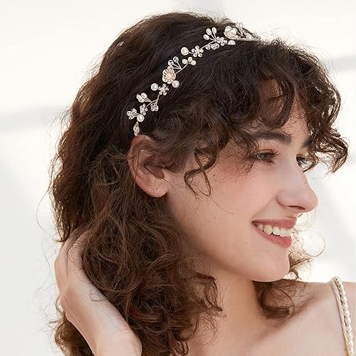 Miniatura 5 de DonLeeving Paquete de 2 accesorios para el cabello de boda para niñas, diadema de flores para niña, diadema de flores blancas, diadema de perlas