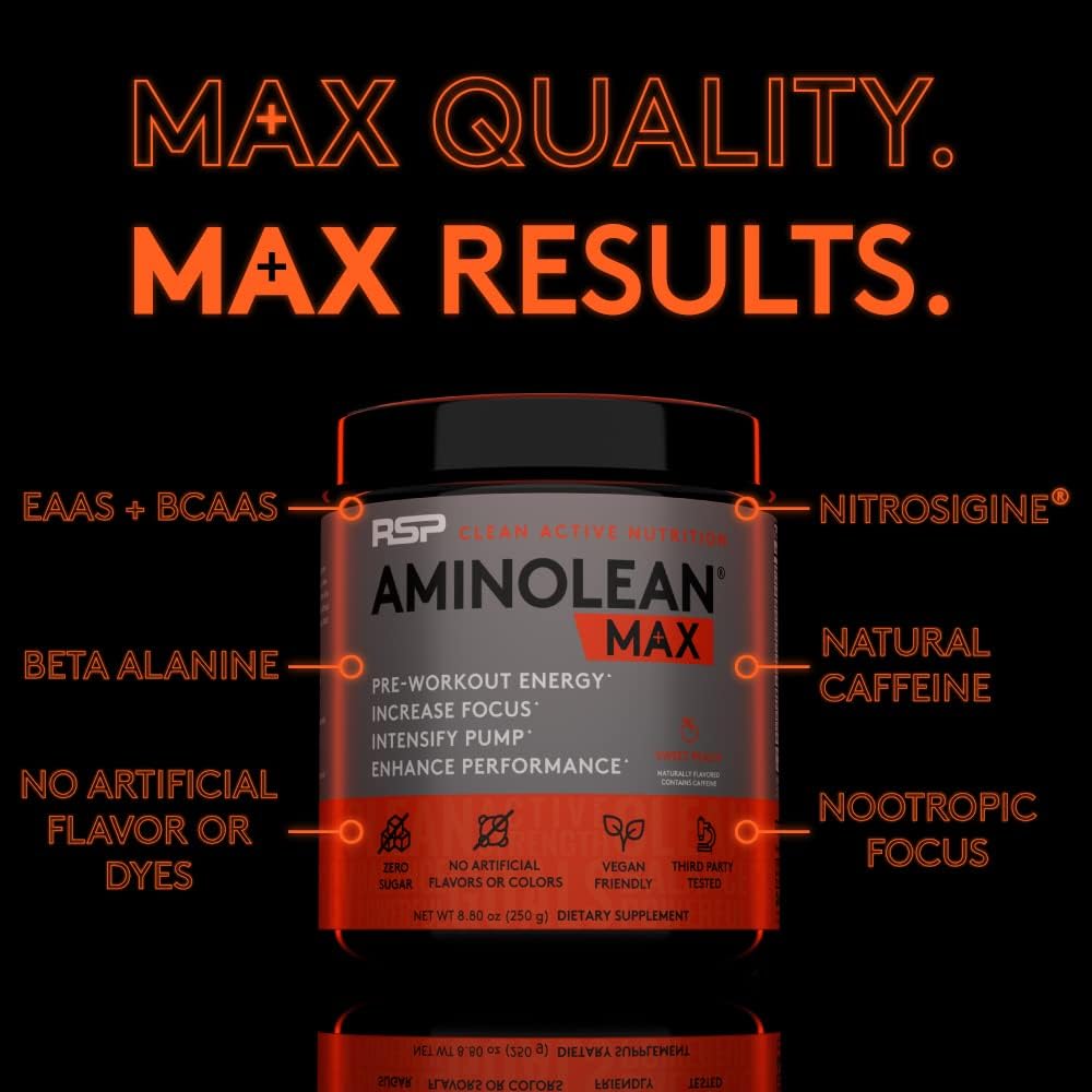 AminoLean MAX Natural Pre Workout - Intense Energy, Massive Pumps, Laser Focus with Natural Caffeine, Nitric Oxide, Beta Alanine, BCAAs, Nootropics, 25 Serv