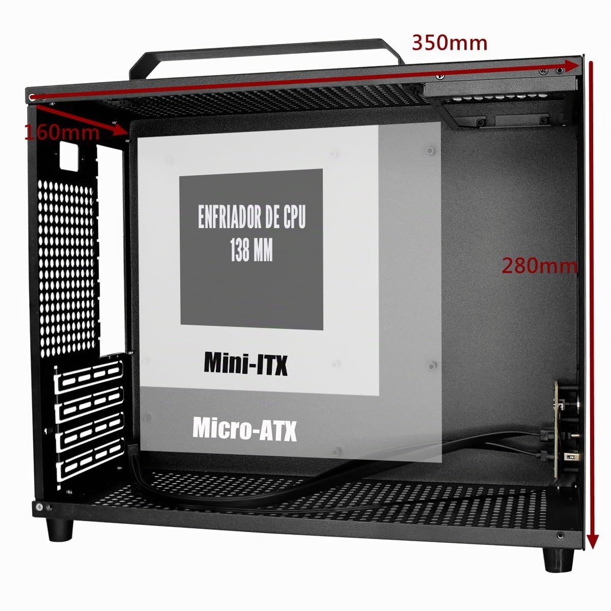 V500 Mini caja de ordenador portátil M-ATX/ITX, Caja MINI-Tower, Caja de escritorio de acrílico transparente de lado completo DIY con asa, compatible con tamaño de GPU de 320 mm (Negro-2.0)