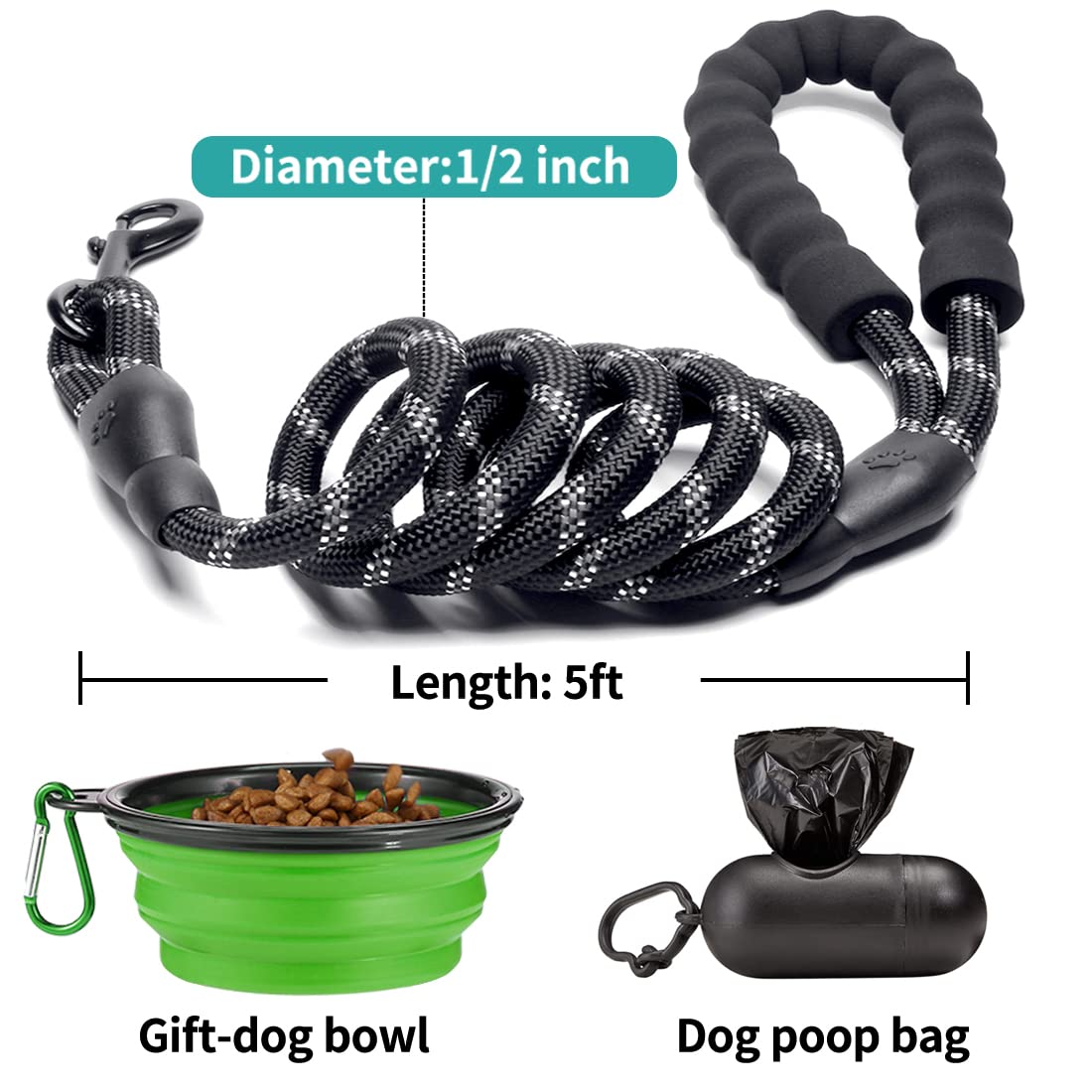 COOYOO - Guinzagli per cani da 1,5 m, resistenti e riflettenti, con comoda impugnatura imbottita e ciotola chiudibile, per cani di taglia media e grande, confezione da 2