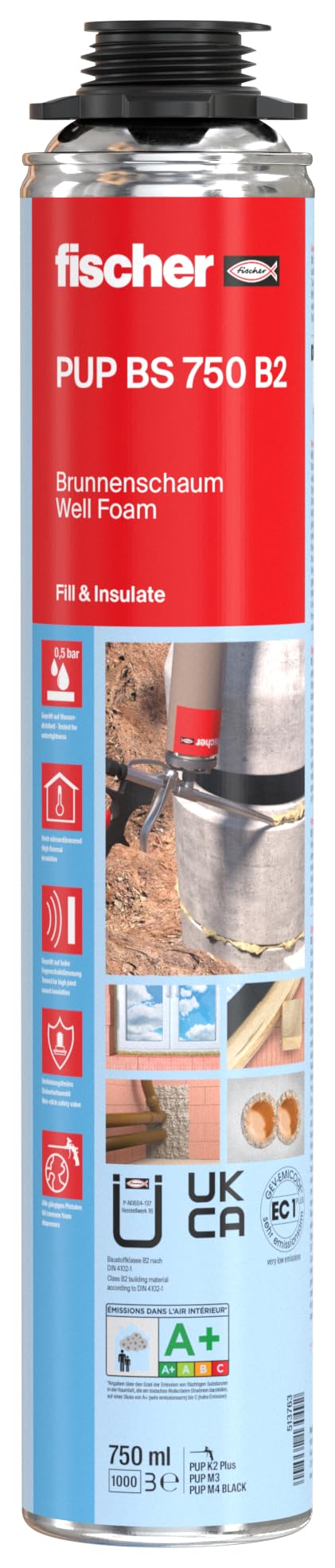 fischer Brunnenschaum PUP BS 750 B2, wasserdicht, Schachtringe, 750 ml