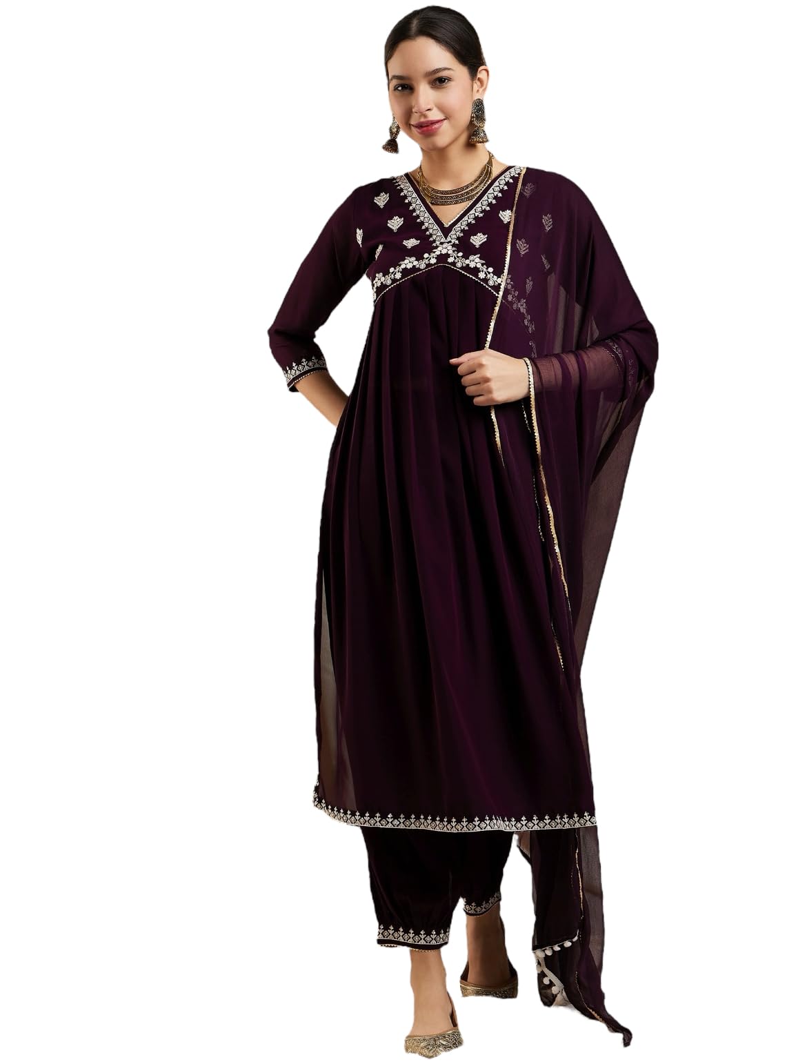 SERONA FABRICSWomen's Georgette Embroidered Work Aliya Cut Kurta Pant with Dupatta Set