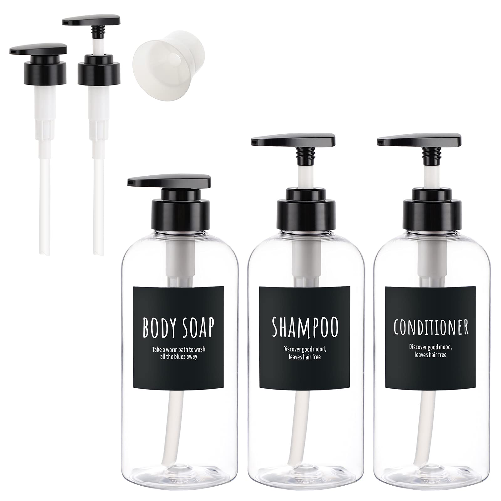 Shower Bottles with 2 Extra Pumps, Segbeauty 3 Packs of 16.9oz Shampoo and Conditioner Bottles with Funnel, 500ml Clear Refillable Bathroom Body Wash Dispenser, Reusable PET Squeeze Bottles with Pump