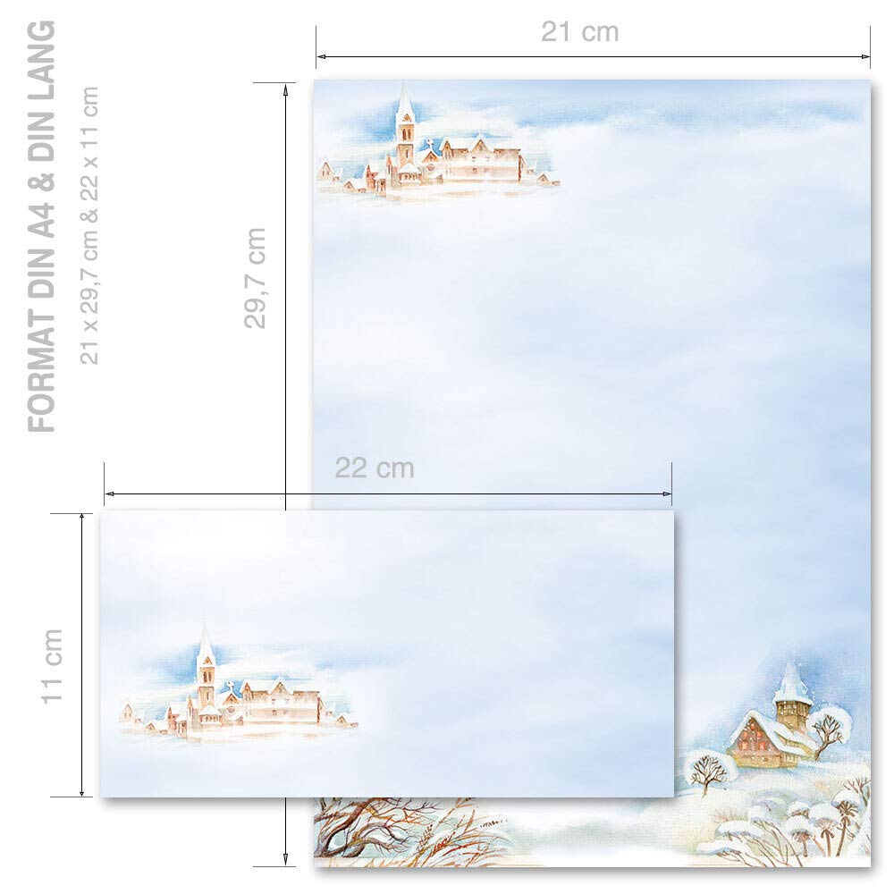 Set Complet De 20 Pièces Saisons - Hiver, FLOCONS 10 Feuilles De Papier à Lettres Et 10 Enveloppes DIN LONG Sans Fenêtre | Paper-Media