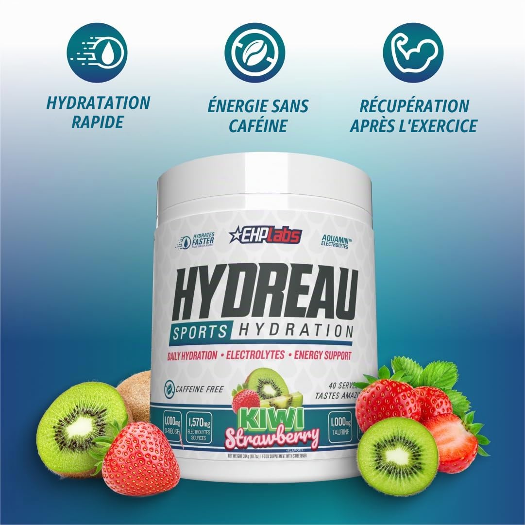 EHP Labs Hydreau Electrolytes Poudre sans sucre – Poudre d'hydratation pour endurance et énergie – Poudre d'électrolytes pour homme et femme – Électrolytes sans sucre – Fraise kiwi (40 portions)