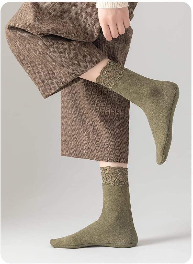 VIDI Autumn Winter Women's Socks Fleece Mid-calf Thermal Solid Color Lace Adult