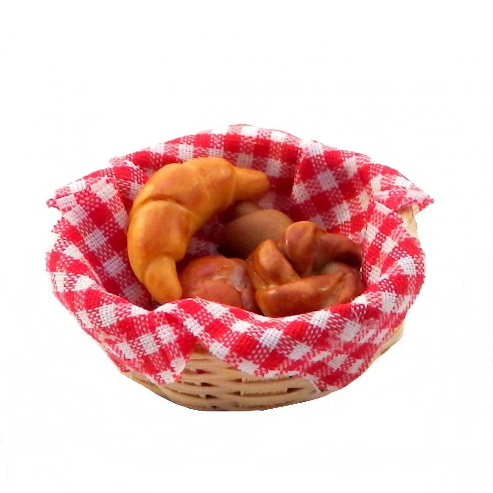 Melody Jane Dolls House Basket of Croissants & Rolls on Red Gingham Miniature 1:12 Accessory