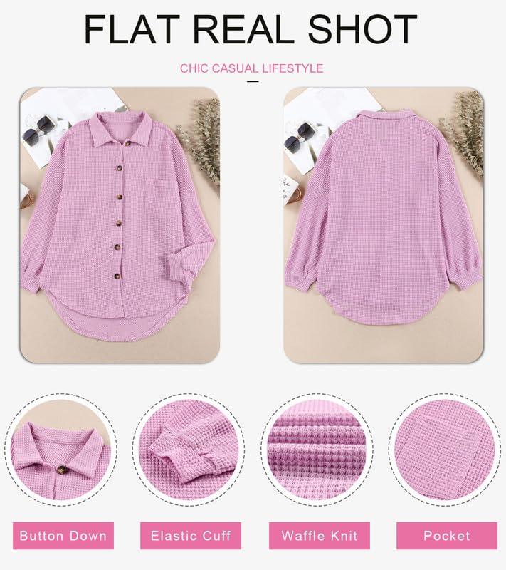 Image of Dokotoo Womens Waffle Knit Shacket Jacket Casual Button Down Shirts Tops | Long Sleeve,Loose Fit,Boyfriend Style,Collared V Neck,Fall Cardiga,Outwear with Pockets