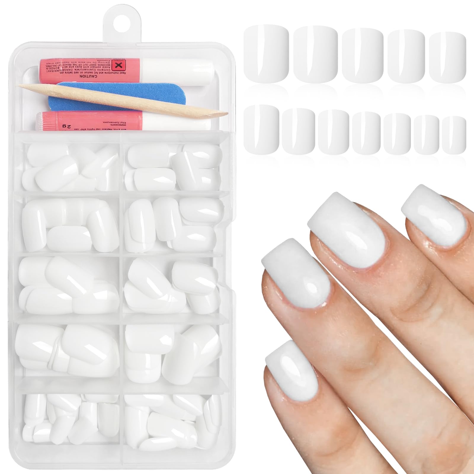 Bellelfin Square Press on Nails Short, 120Pcs Glossy White Fake Nails Full Cover Acrylic Nail Press ons Reusable Glue on Nails Solid Color Artificial
