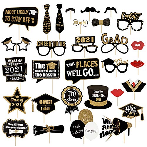 Unves Graduation Photo Booth Props 2021, Graduation Props Class of 2021 Grad Decor with Sticks, Black and Gold Picture Props for Graduation Party Favors Supplies Decorations Kit