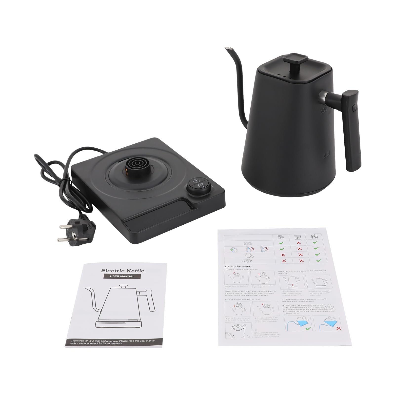 Hervidor eléctrico de acero inoxidable con cuello de cisne con ajuste de temperatura y pantalla LED, Coffee Kettle, 1 L, calefacción rápida de 1200 W, color negro