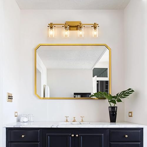 Miniatura 7 de B82-04-st - Lámpara dorada para baño, 4 luces cepilladas, luces sobre espejo con pantalla de vidrio transparente, para baño, sala de estar, cocina,