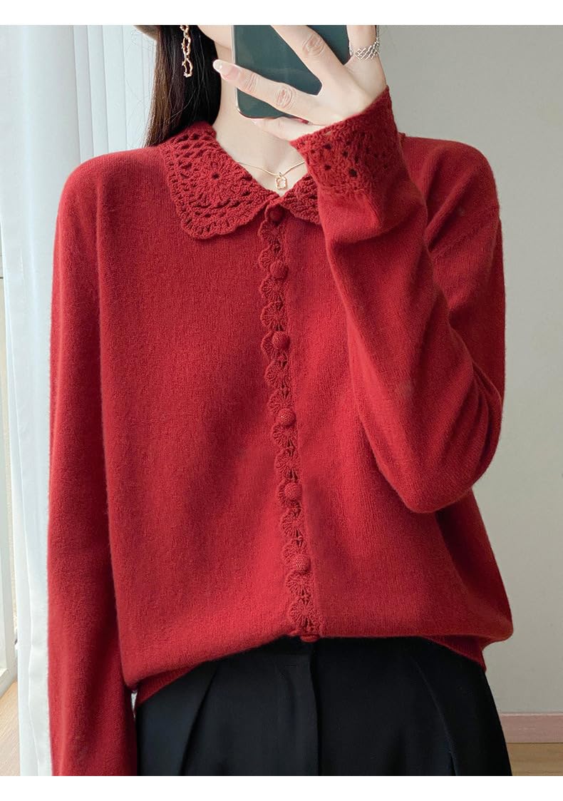 Cárdigan Lana Merino para Mujer con Cuello Peter Pan, Tapeta Encaje Festoneada, Manga Larga, Tejido Ajustado, Chaqueta Punto Suave Y Cálida para Oficina, Uso Diario E Informal.