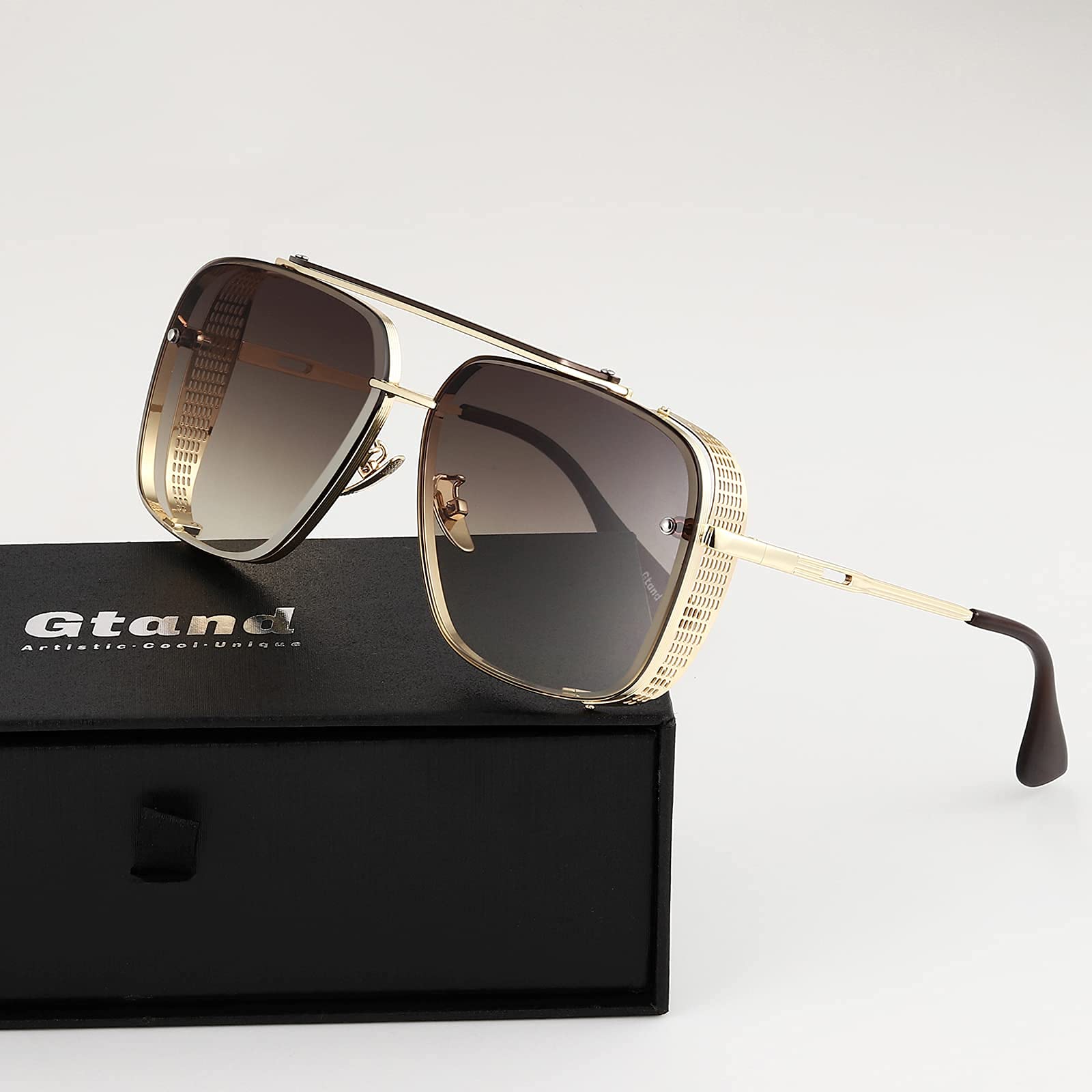 Gtand Modische übergroße quadratische Piloten-Sonnenbrille für Herren, Vintage-Stil, Metall-Seitenschutz, Steampunk-Sonnenbrille, 64 mm