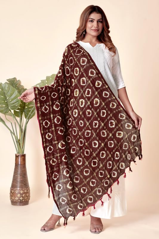 Image of Women Bandhani Dupatta | Traditional Chunri Print with Decorative Border | Lightweight Ethnic Stole for Festive and Wedding Wear
