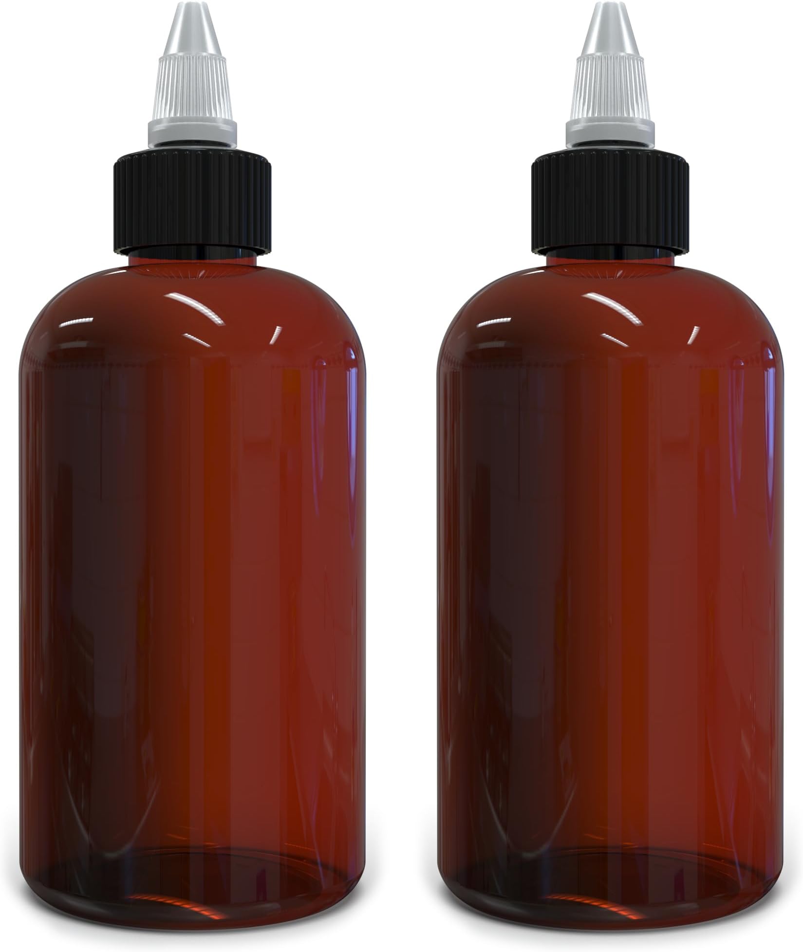 Twist Top Applicator Bottles, 8 OZ Amber, Squeeze Empty Round Plastic Bottles, BPA-Free, PET, Refillable, Open/Close Nozzle (Black) - Multi Purpose (Pack of 2)