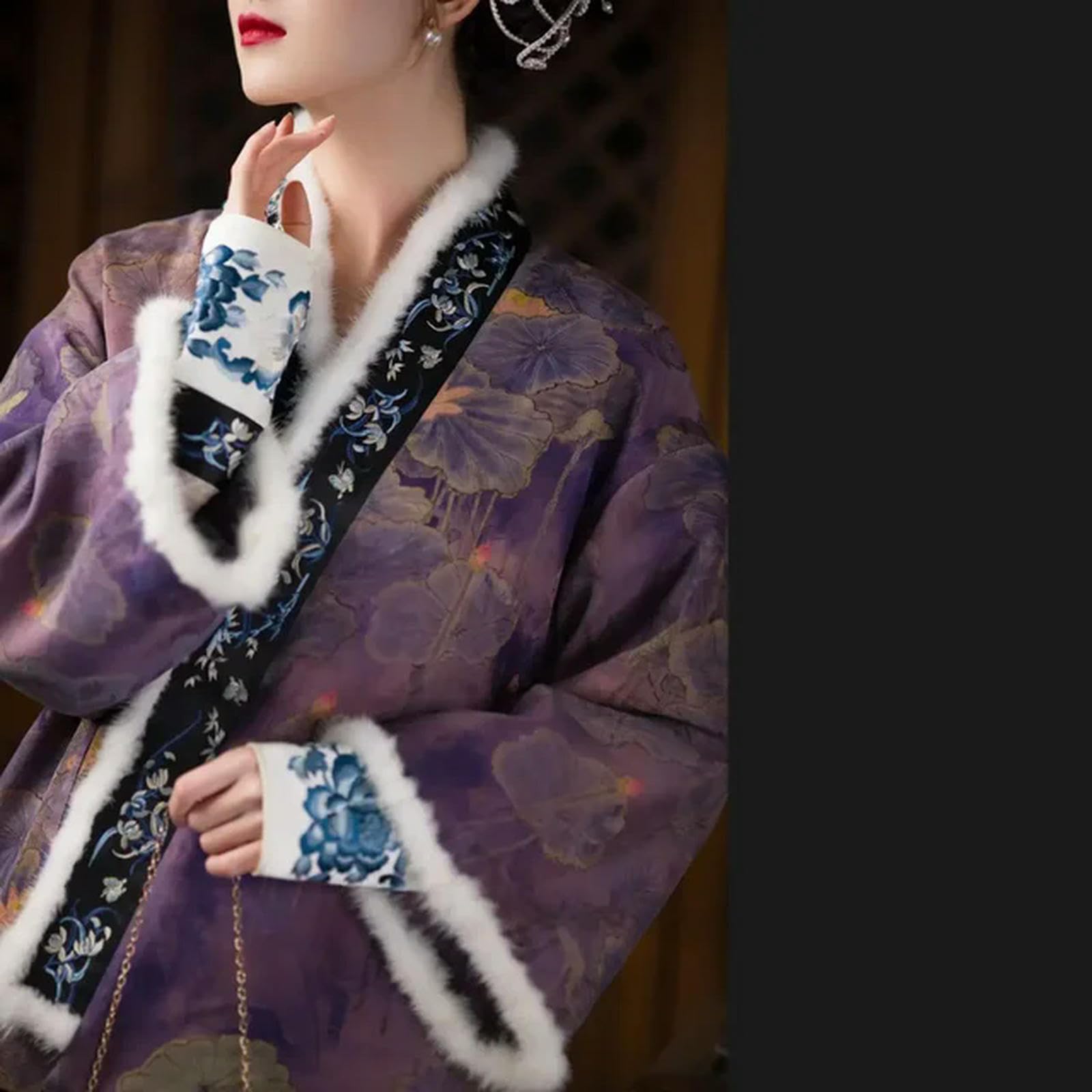 Chinese Traditional Purple Fur Collar Lotus Printed Thickened Tang Suit Top Elegant Cheongsam Jackets Blouse