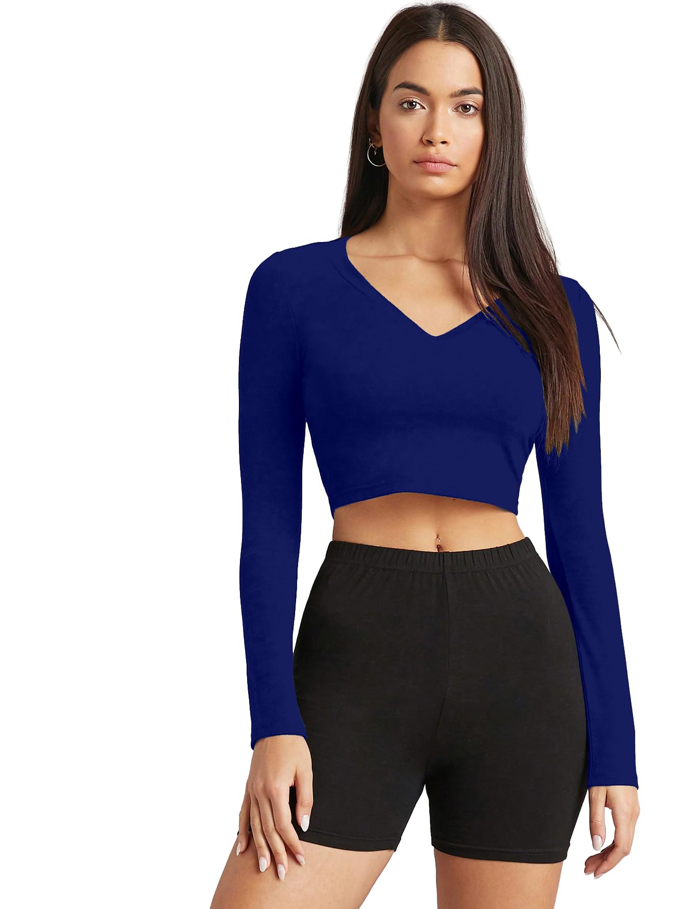 aahwan Women's Black Cotton Blend Slim Fit Basic V-Neck Long Sleeve Cropped Solid Casual Top-picture-53