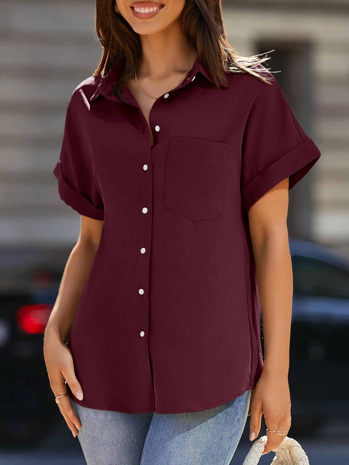 Beautife Womens Short Sleeve Shirts V Neck Collared Button Down Shirt Tops with Pockets - Image 2