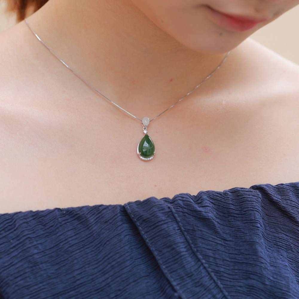 Collier En Jade Vert émeraude - 44,5 Cm - Argent Massif 925 - Pendentif Marquise - Neuf Avec étiquettes