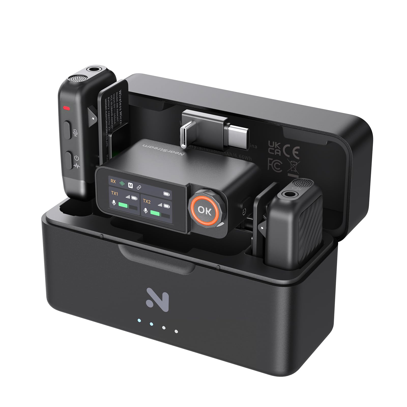 NearStream Micrófono de Solapa Inalámbrico para iPhone/Android/Cámara/PC | 3 Modos de Audio (Mono, Estéreo, Pista Seguridad), Cancelación Ruido IA, 48kHz/24-bit, Batería 54H, Alcance 100m,Alcance 100m