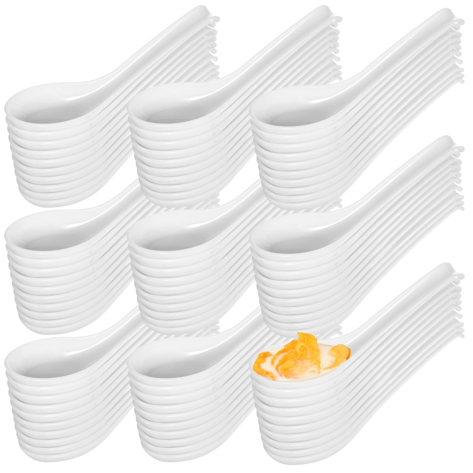 100 PCS Asian Soup Spoons, Soup Spoon with Hook, Chinese Wonton, Reusable Bulk, Rice, Dinner Spoon, White Plastic for Pho Miso Ramen Dumpling Ice Cream, Easy to Clean
