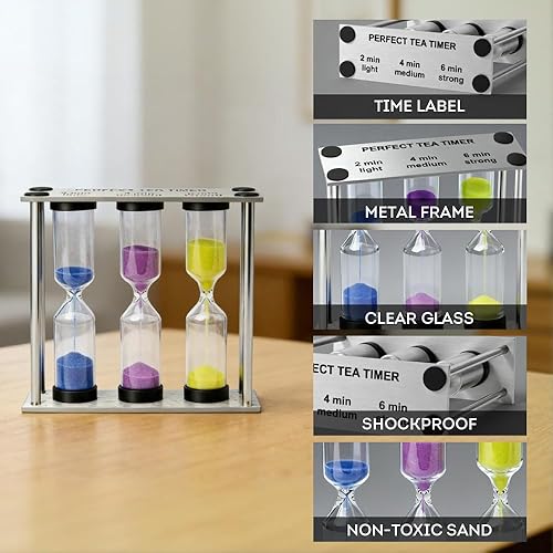 Vista 3 de Lily's Home 3.5" Tall 3-in-1 Perfect Tea Timer, Includes 2, 4, and 6 Minute Sand Hourglass Timers, Use for Making Tea or Keeping Time Around The