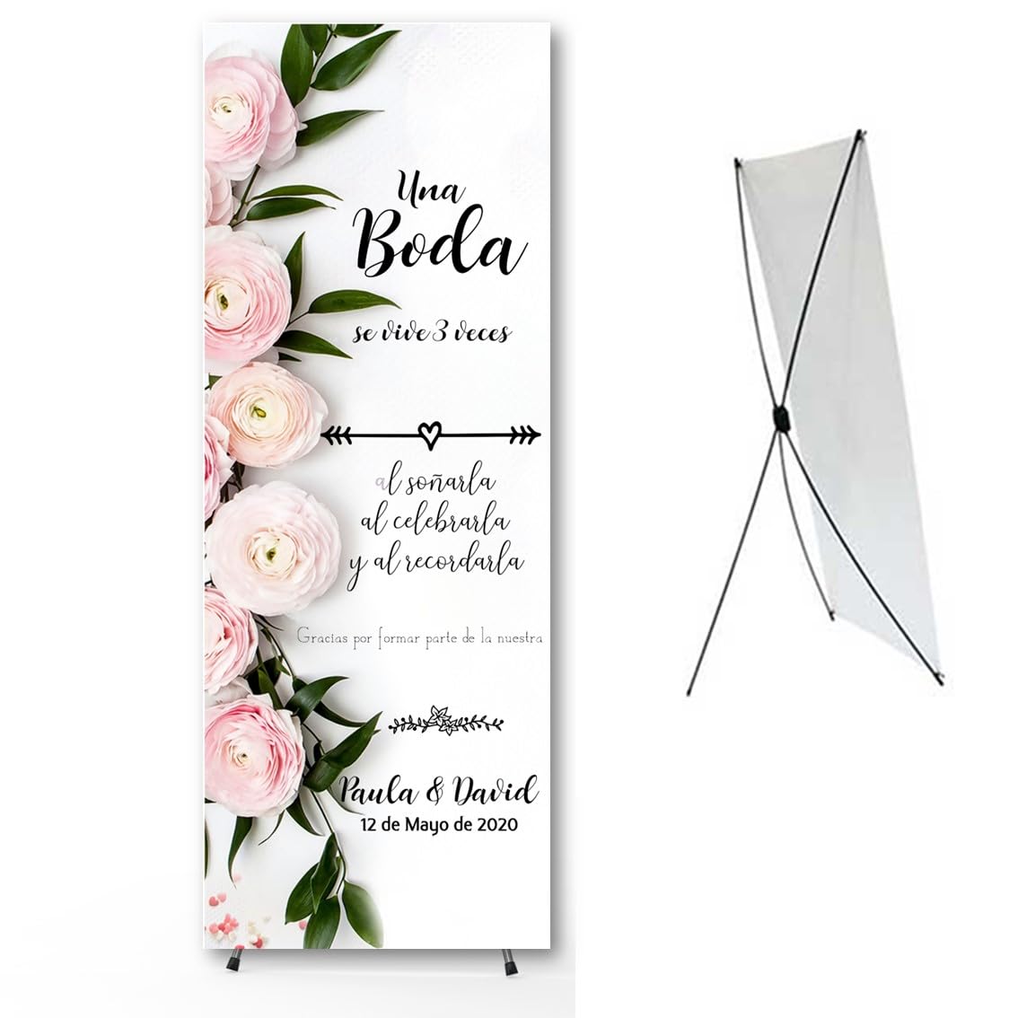 Cartel de Boda Personalizado. Adornos para bodas. Photocall. Soporte plegable y portátil. Banner Boda. Bienvenidos a nuestra Boda "Una boda se vive tres veces "