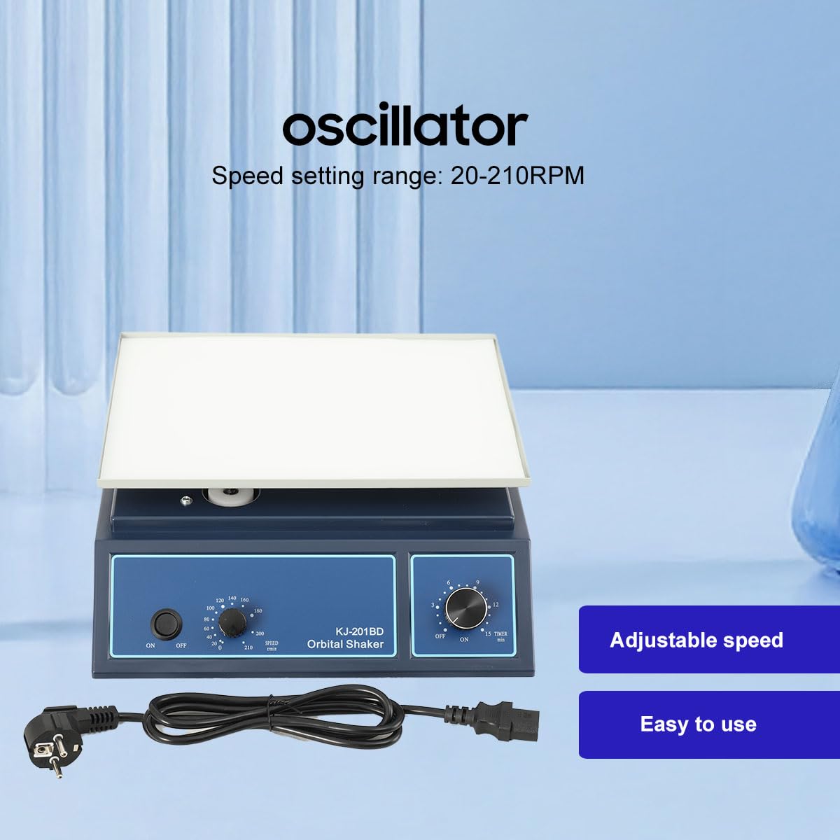 KJ-201BD Agitateur orbitale de laboratoire, 20-210 tr/min vitesse réglable, 220V 10W Agitateur rotateur orbital avec mode continu ou mode minuterie, plateau de travail 315x218 mm