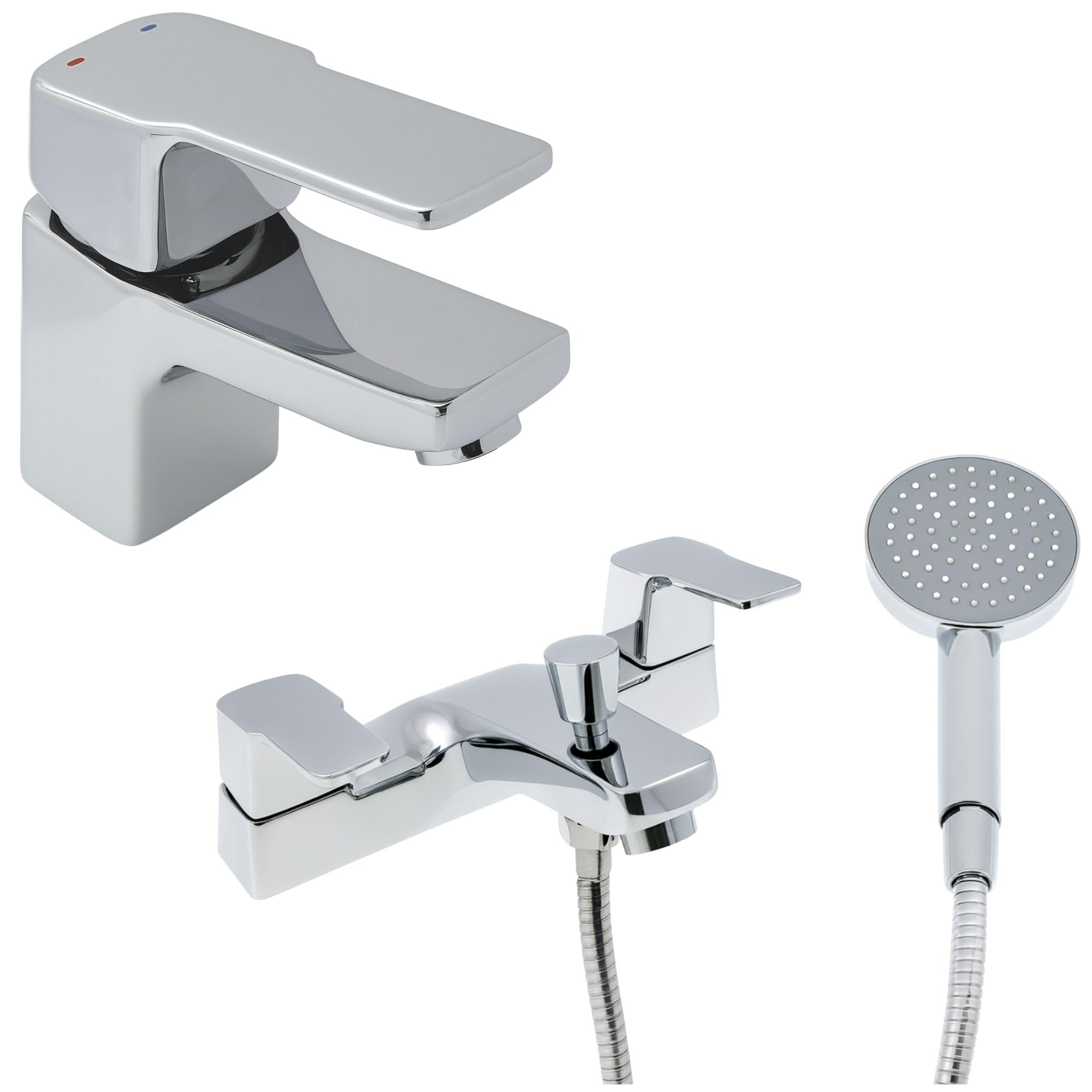 S12 Eckige Waschtischarmatur mit Klick-Ablauf- und Badewannenmischer, verchromter Hebel mit Handbrause, Schlauch-Set