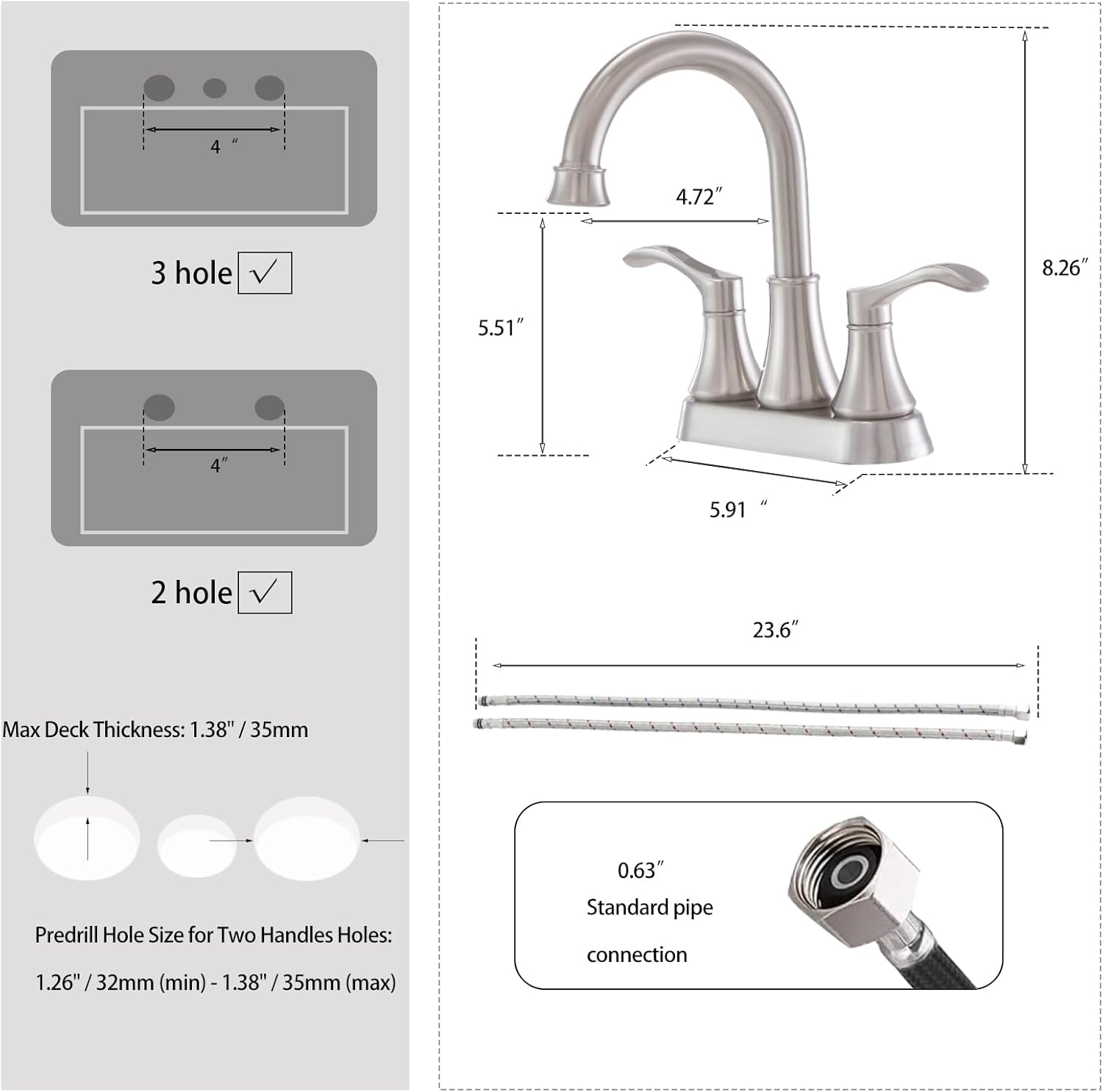 Lead-Free Commercial 2-Handle Brushed Nickel Bathroom Sink Faucet, 360° Swivel High-Arc Spout 4 Inch Centerset Lavatory Vanity Faucets Set for Bathroom Sink with Drain & Water Hoses, VLS10003BML-1 - Image 8