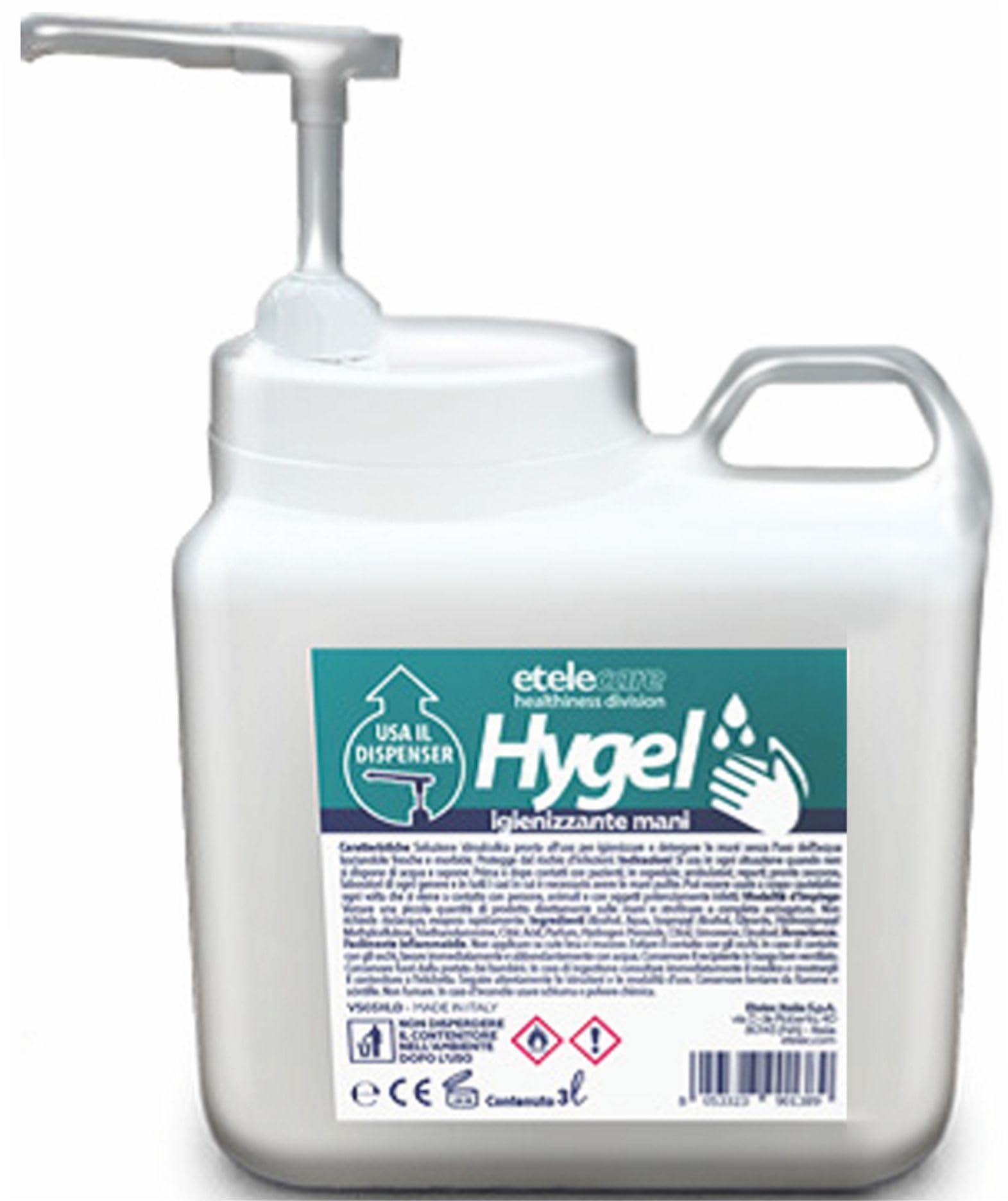 Etelec Hygel - Bidón de gel desinfectante para manos, sin agua, listo para usar, protección hidroalcohólica 72%, fabricado en Italia (VS03XLD (3 litros con dosificador)